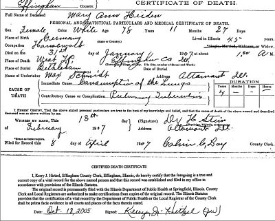 Death Certificate for Mary Ann Heiden